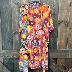 Lularoe Floral Cardigan M Swim Cover‎ Robe Semi Sheer Hippie Boho Flowy Open